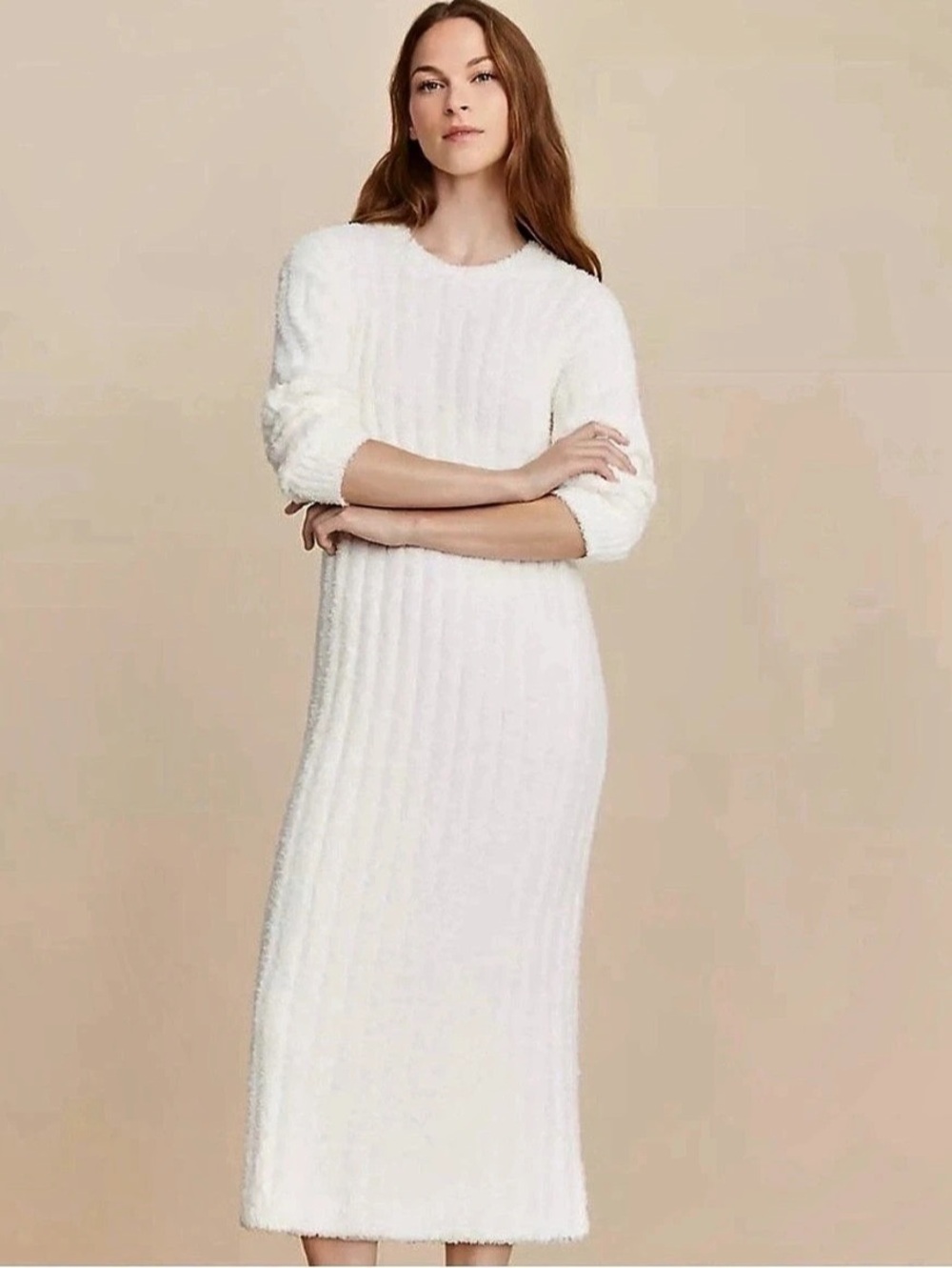 Lou & Grey Cream/White Fluffy Midi Sweater Dress Size Small